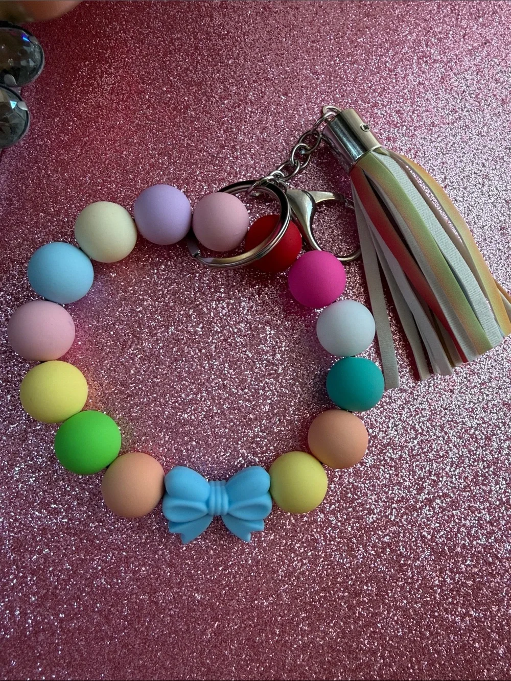 Unlisted Multicolor Pastel Silicone Bead Key & Card Holder with Blue Bow